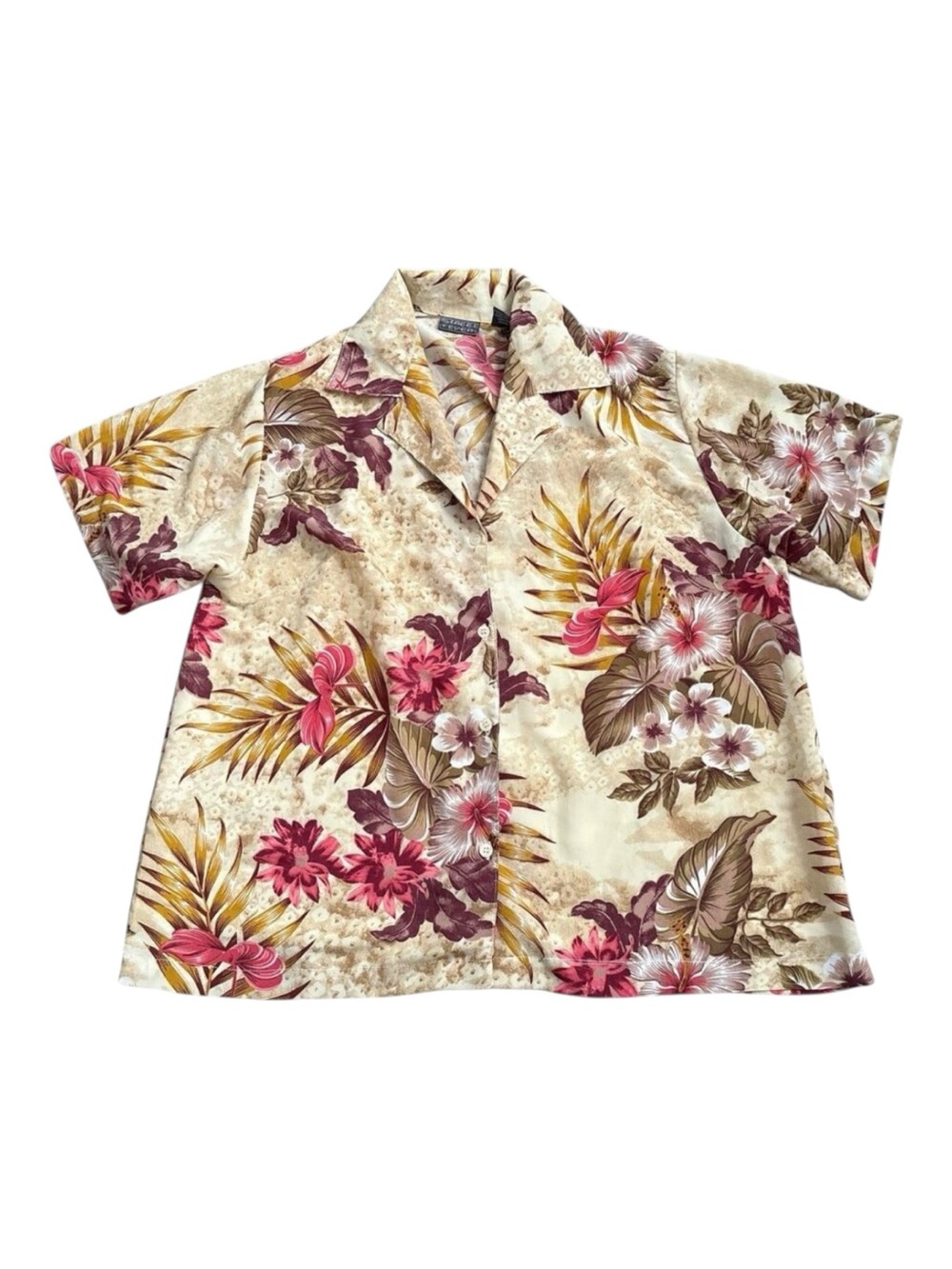 Street Fever Button Up Camp Shirt Womens Plus Size 2X Floral Tropical Beige Pink